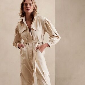 GOOD AMERICAN Beige Cinched Utilitarian Jumpsuit